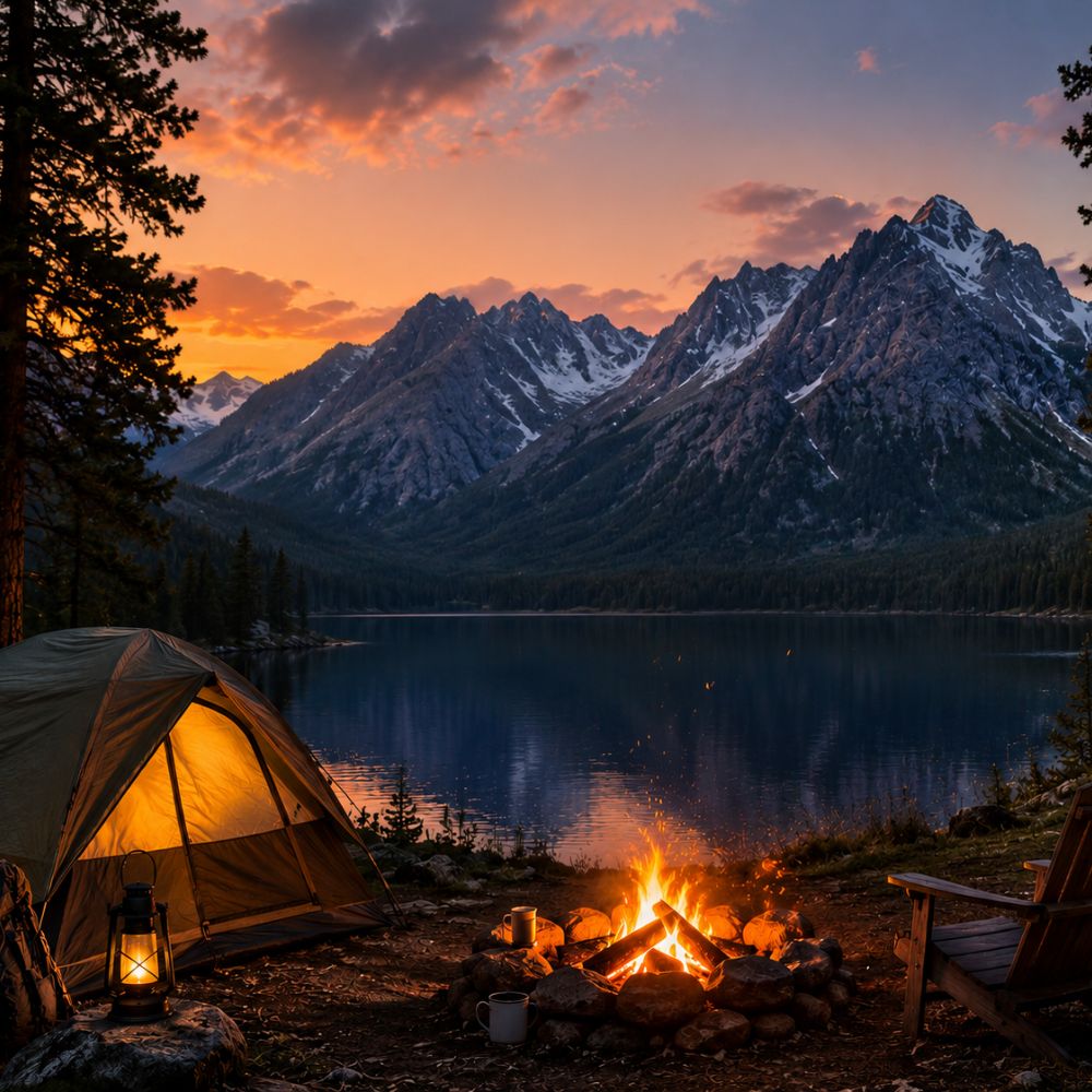 Glowing tent and campfire beside calm lake with dramatic mountain sunset
