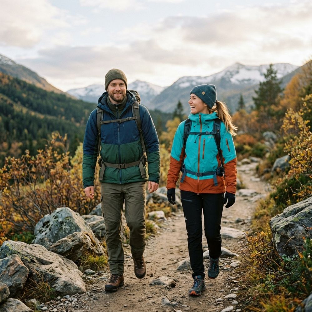 Smiling couple with backpacks hiking rocky trail through colorful autumn mountains
