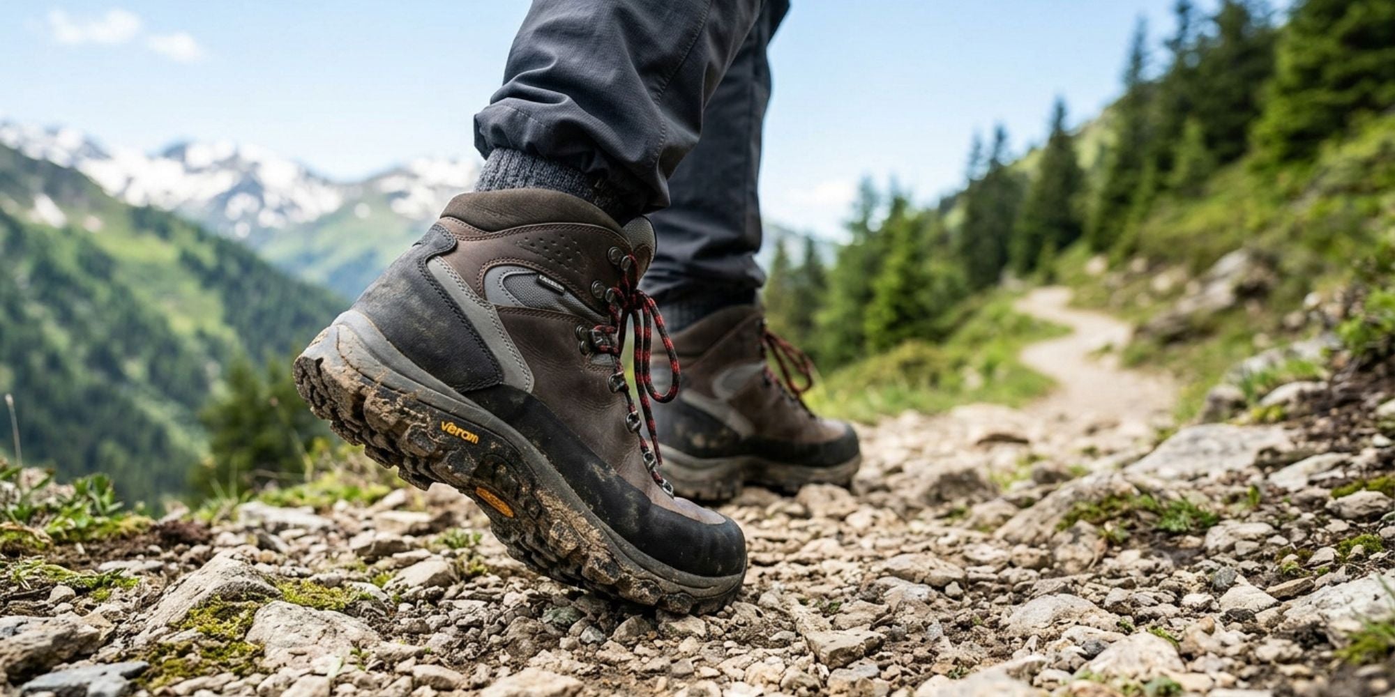 Close up of brown hiking boots stepping on rocky mountain trail