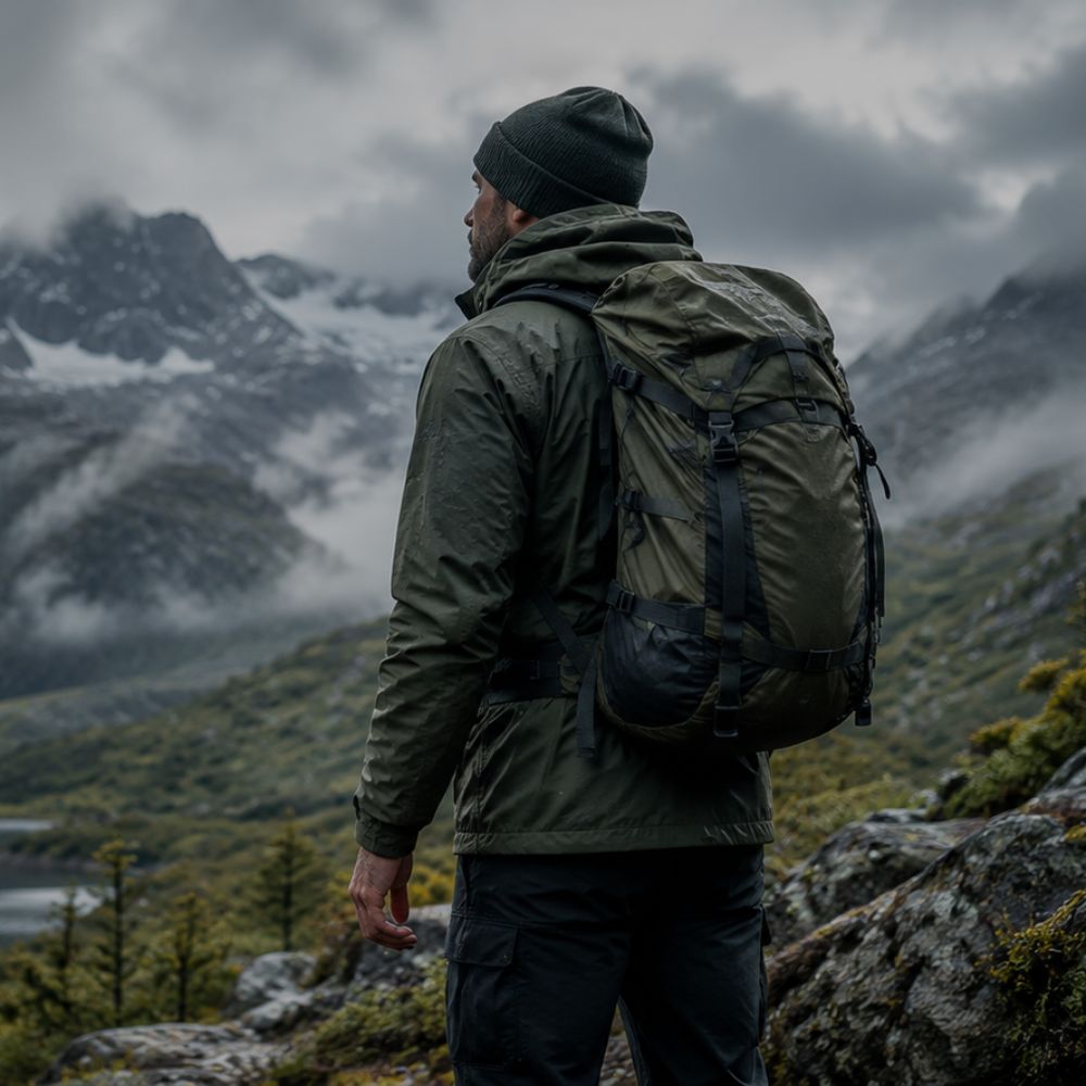 Man wearing olive jacket and backpack standing on rocky cloudy mountain trail
