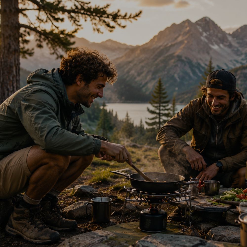 Two smiling men cooking meal on camp stove with mountain lake backdrop
