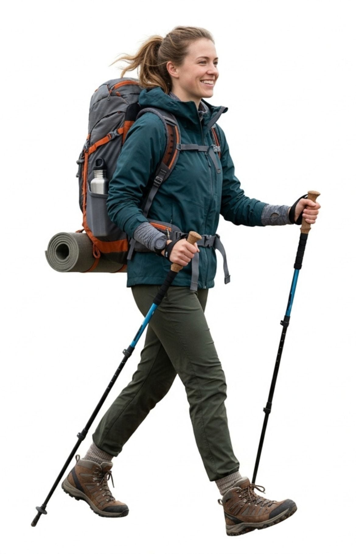 Smiling woman hiking on trail with backpack and trekking poles