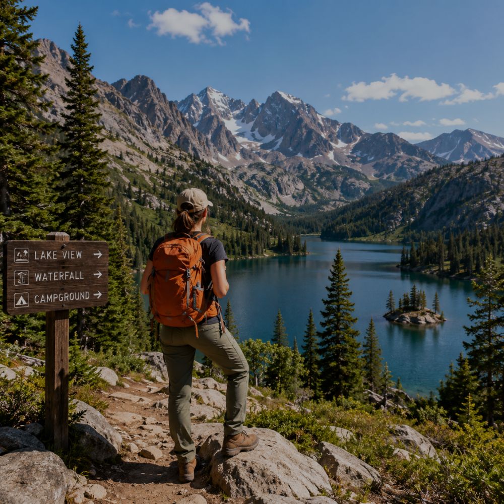 Two women smiling while hiking rocky mountain trail with backpacks